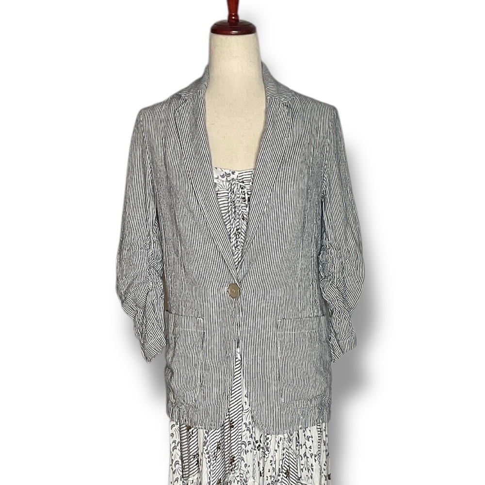 Max Studio Blue Stripe Linen Blend Ruched Sleeve Notch Collar Blazer Size XSmall - Picture 2 of 9
